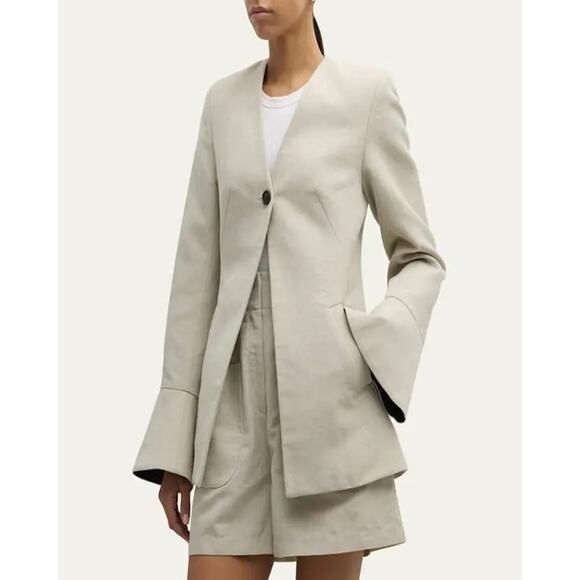 CO Clay Gray Collarless Flare Cuff V-Neckline Single Button Solo-Breasted Jacket - Picture 1 of 12